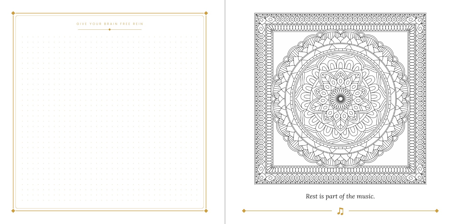 Open spread from Mandala Dreams for Musicians: a gold-framed journal page beside a mandala to color with an affirmation