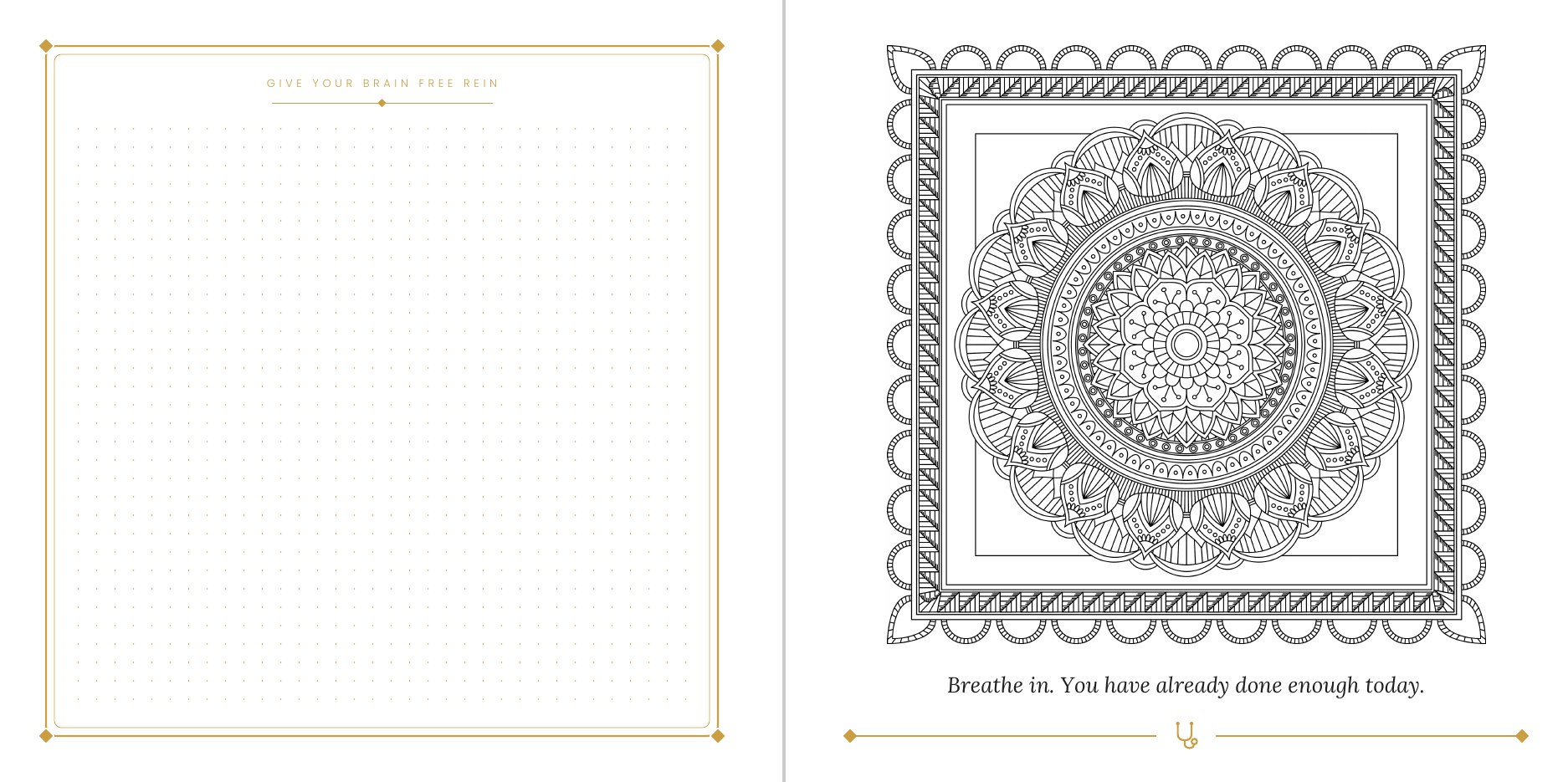 Open spread from Mandala Dreams for Nurses: a gold-framed journal page beside a mandala to color with an affirmation
