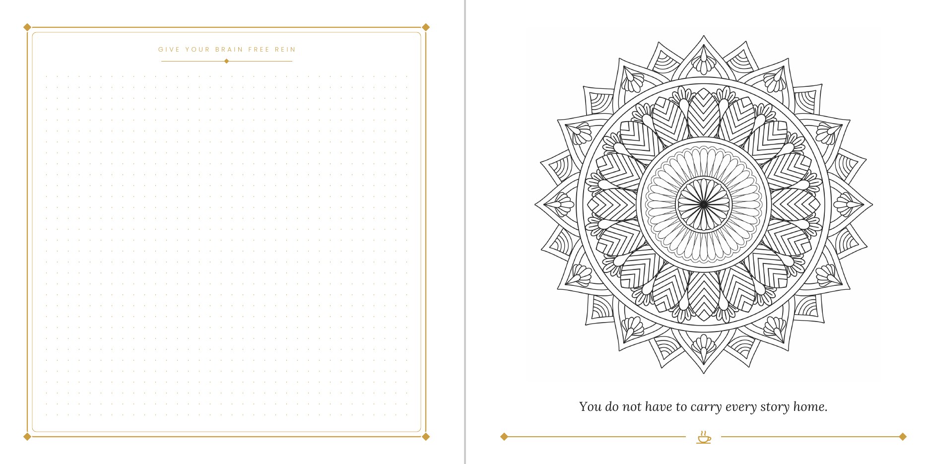 Open spread from Mandala Dreams for Psychologists: a gold-framed journal page beside a mandala to color with an affirmation