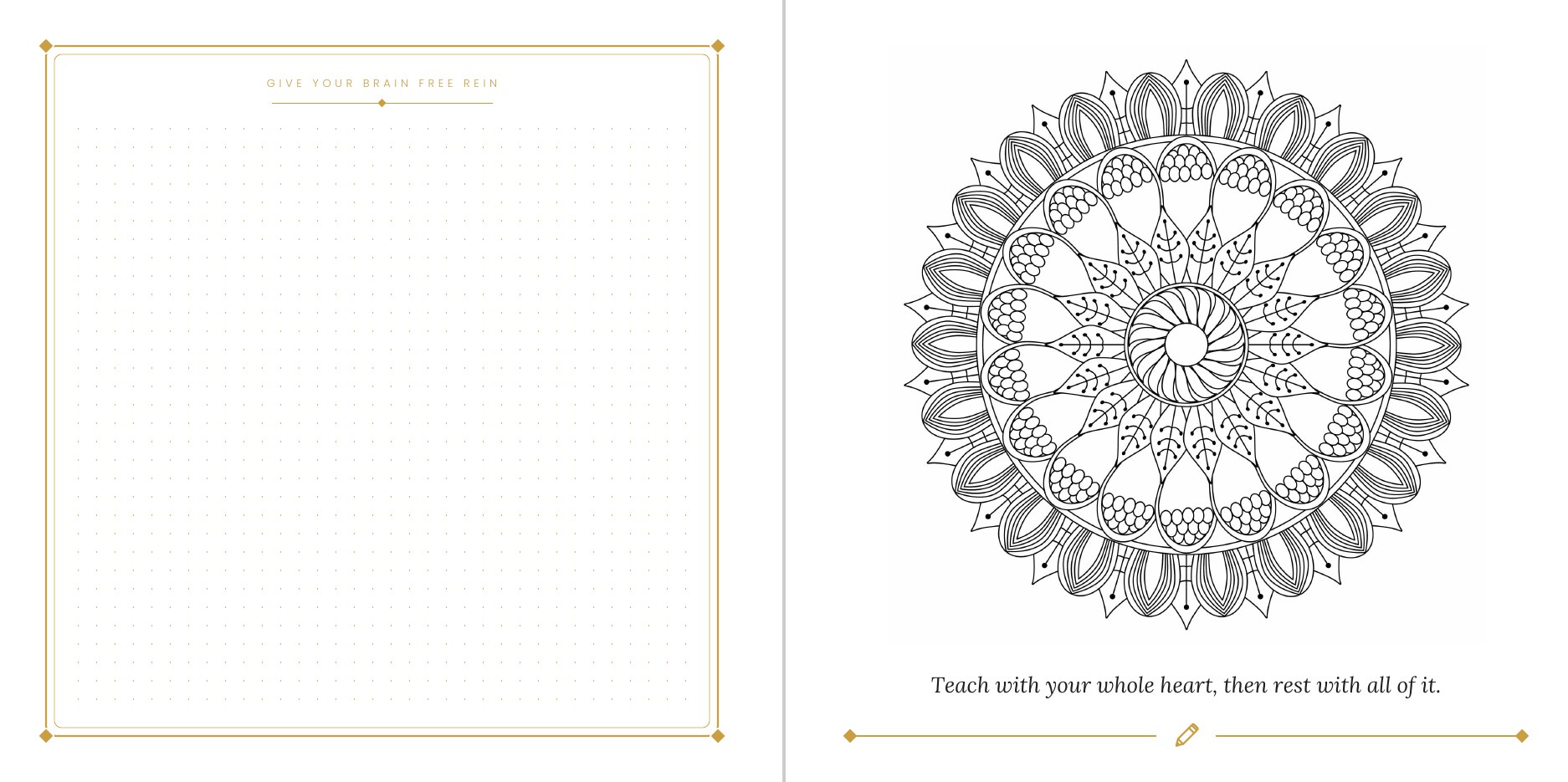 Open spread from Mandala Dreams for Teachers: a gold-framed journal page beside a mandala to color with an affirmation